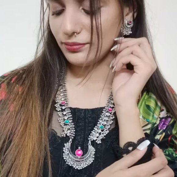 Jewelry Set With Multicolor Glass Stone, Long Pendant Necklace WithSmall Earring - Picture 2 of 6